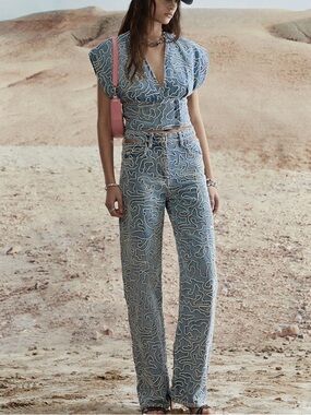 IRO Blue Lambert Embroidered-pattern Jeans $500 Sz FR34/ XS